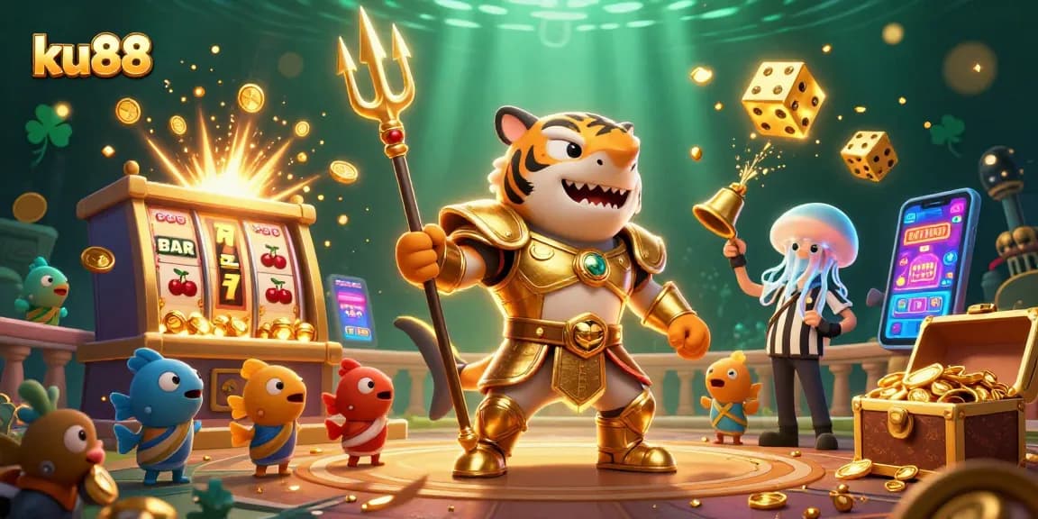 ku88 slots explode with excitement featuring a tiger shark in gladiator armor, jackpots, and gold coins