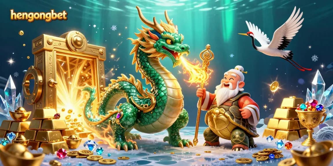 Experience the thrilling hengongbet world with a jade dragon, turtle sage, and lucky cranes amid a dynamic casino scene.