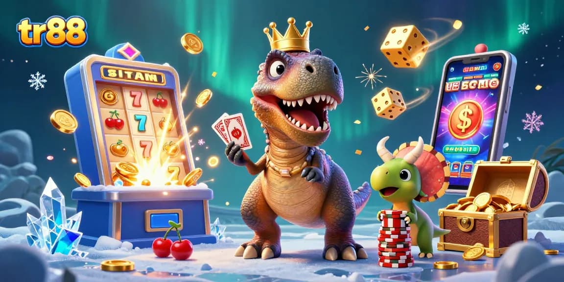Experience the excitement of tr88 with a playful T-Rex and friends in a vibrant casino scene.