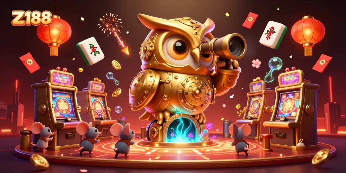 Experience Z188's captivating casino atmosphere with a golden owl and lively gaming elements.