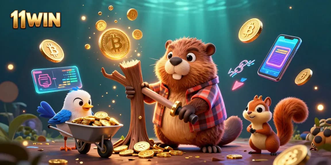 Experience exciting gameplay with 11WIN's vibrant casino-themed 3D illustration featuring animated characters.