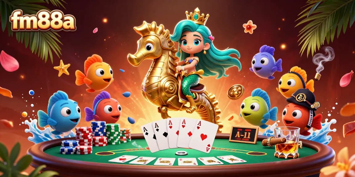 Experience thrilling poker action at fm88a with a mermaid princess and vibrant casino elements.