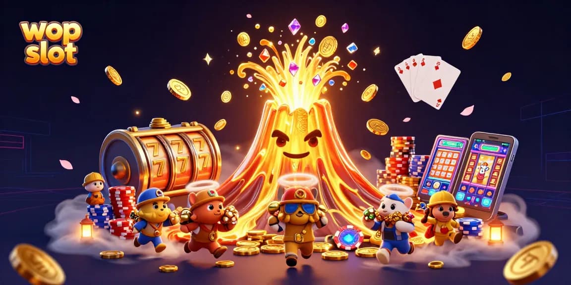 Permainan wop slot ditampilkan dengan karakter gunung berapi emas yang memancurkan koin dan harta karun.