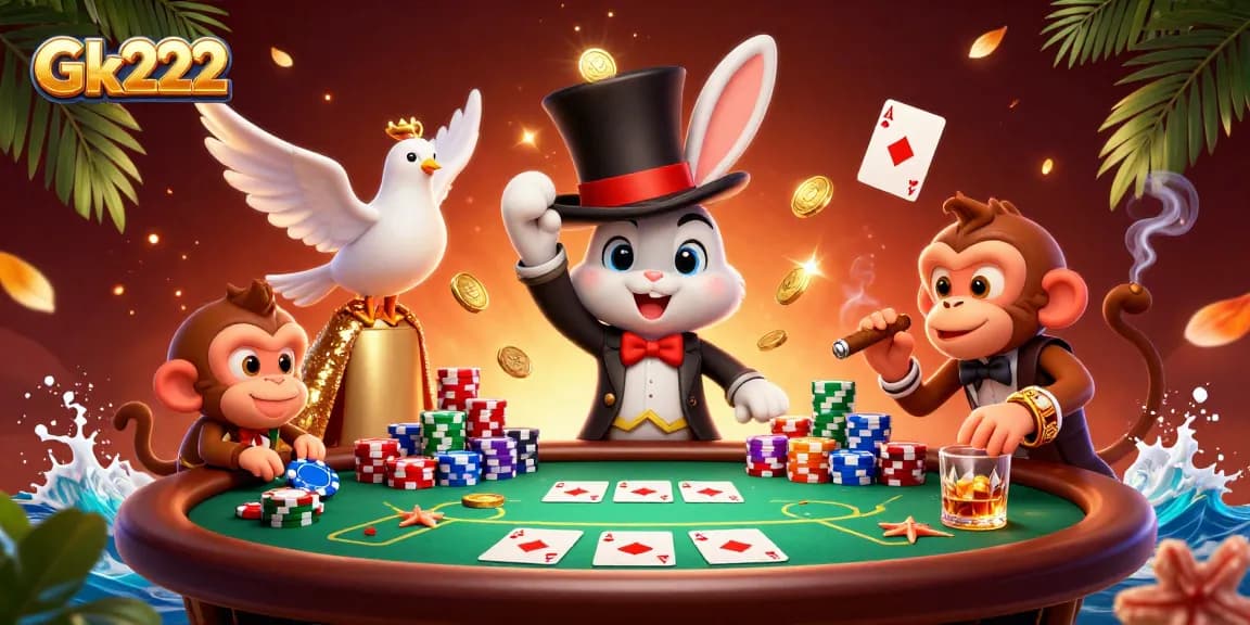 Experience thrilling gameplay with Gk222 in a vibrant 3D casino scene featuring a magician rabbit and poker chips.