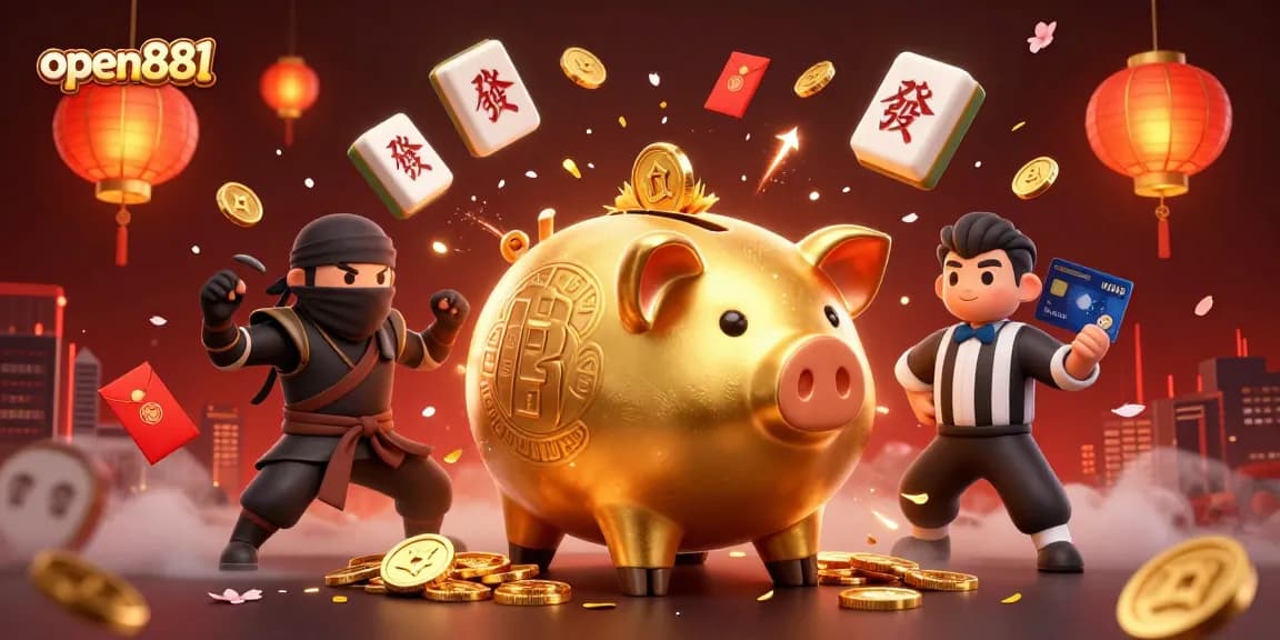 Engage in exciting gaming at open881 with a dynamic scene showcasing thrilling cartoon characters and casino elements.