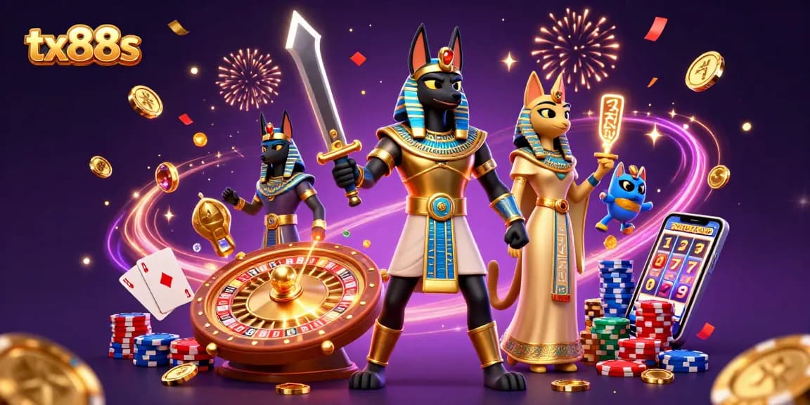 Experience thrilling moments with tx88s as Anubis and Bastet celebrate casino wins amidst vibrant 3D elements.