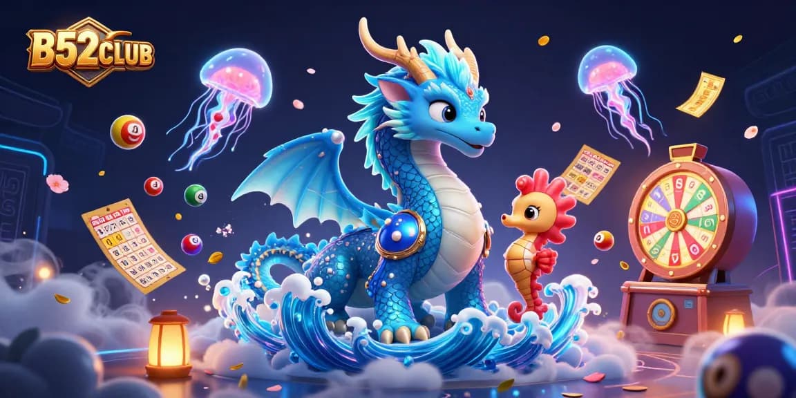 Experience thrilling action at B52CLUB with vibrant casino illustrations depicting a majestic water dragon and exciting games.