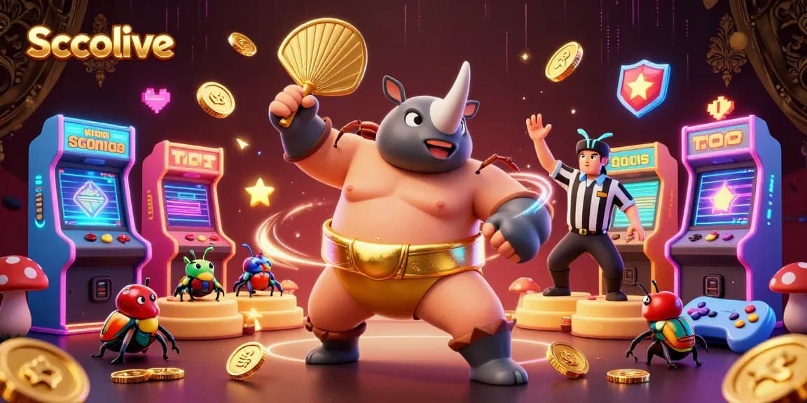 Socolive delivers real-time sports excitement as a sumo champion beetle stomps coins in a vibrant gaming world.