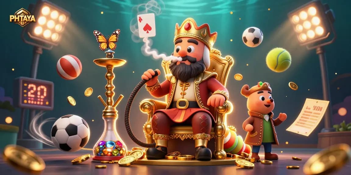 PHTAYA showcases a vibrant 3D casino scene with a caterpillar master, dynamic sports elements, and rich golden details.
