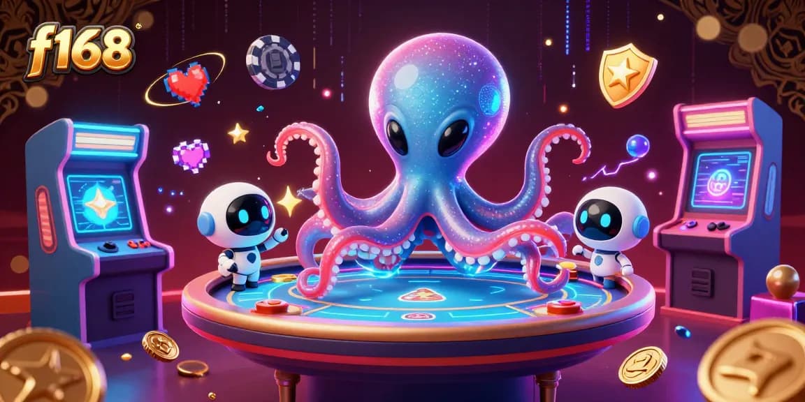 Engage with the vibrant f168 gambling world in a cosmic 3D scene with an alien octopus and robot.