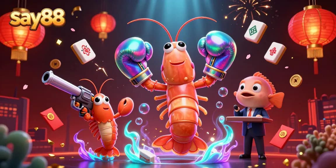 Say88 features a vibrant 3D casino scene showcasing energetic gambling elements and animated characters.