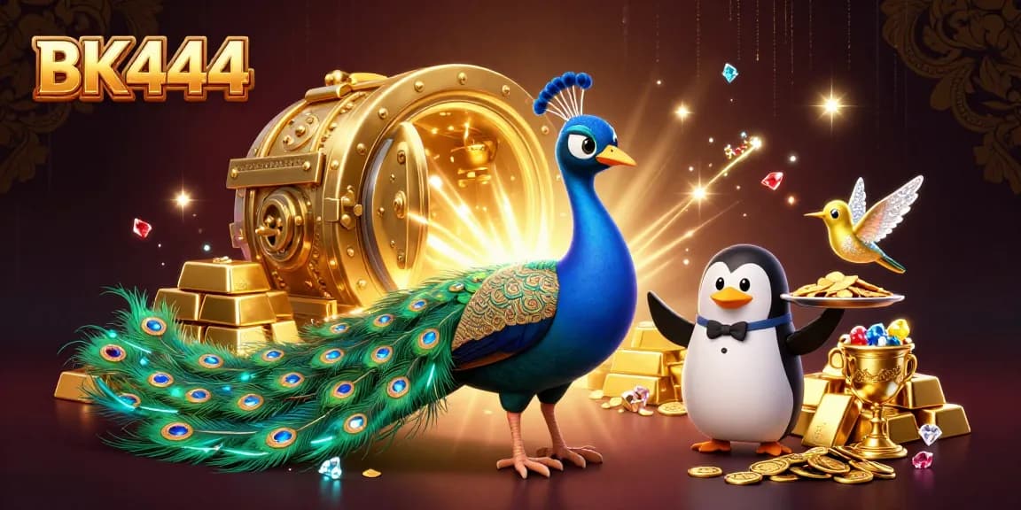 Bet big and win with BK444, showcasing luxurious gems and animated characters in a casino scene.