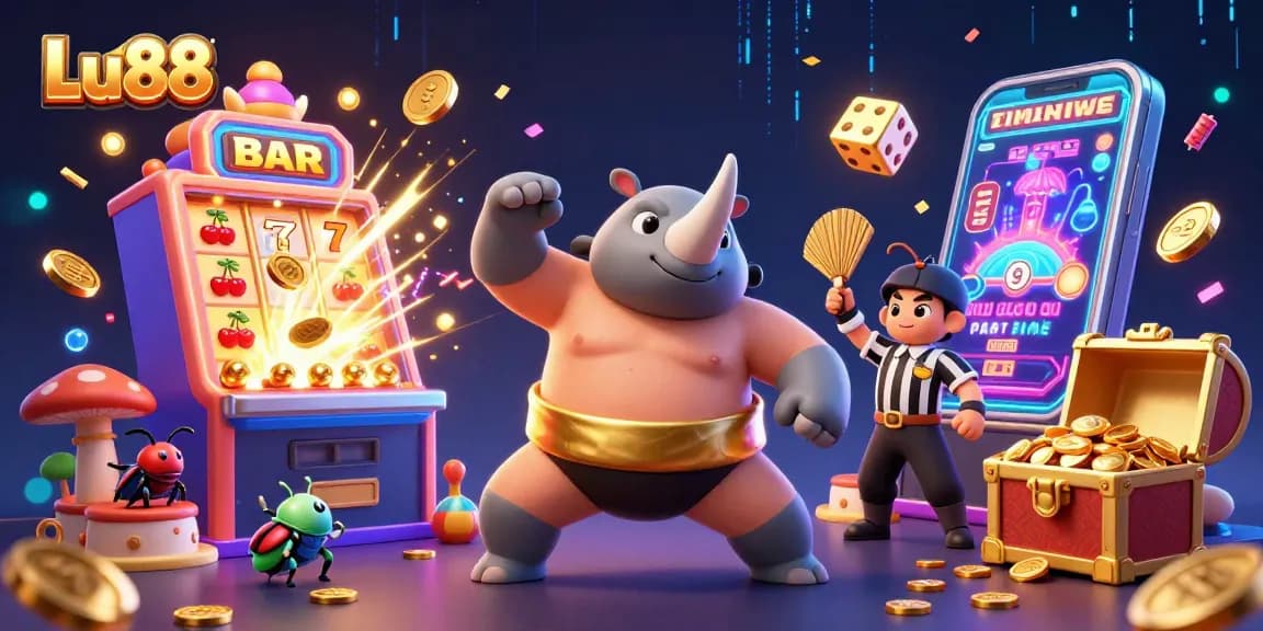 Experience the thrill of Lu88 with a vibrant casino scene showing a sumo champion beetle amidst a jackpot explosion.