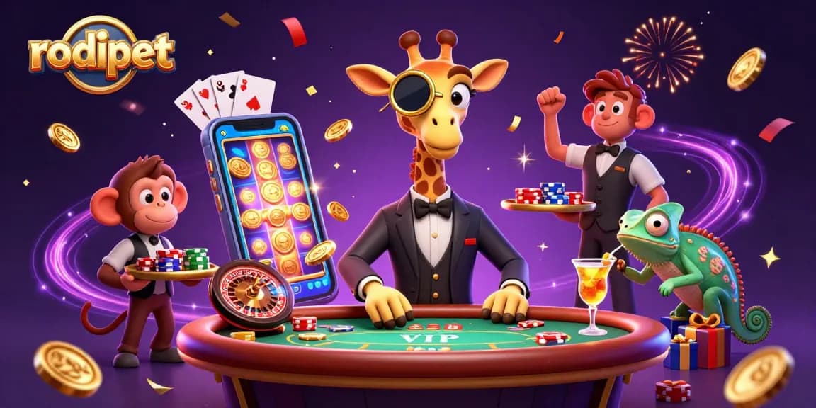 Experience the thrill of rodipet gaming with vibrant 3D characters celebrating at a poker table.