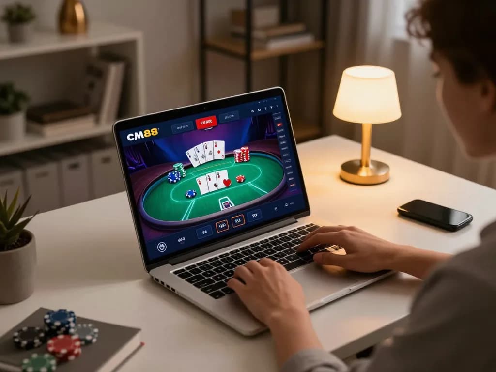 Enjoying an engaging poker game on cm88's online platform from the comfort of home.