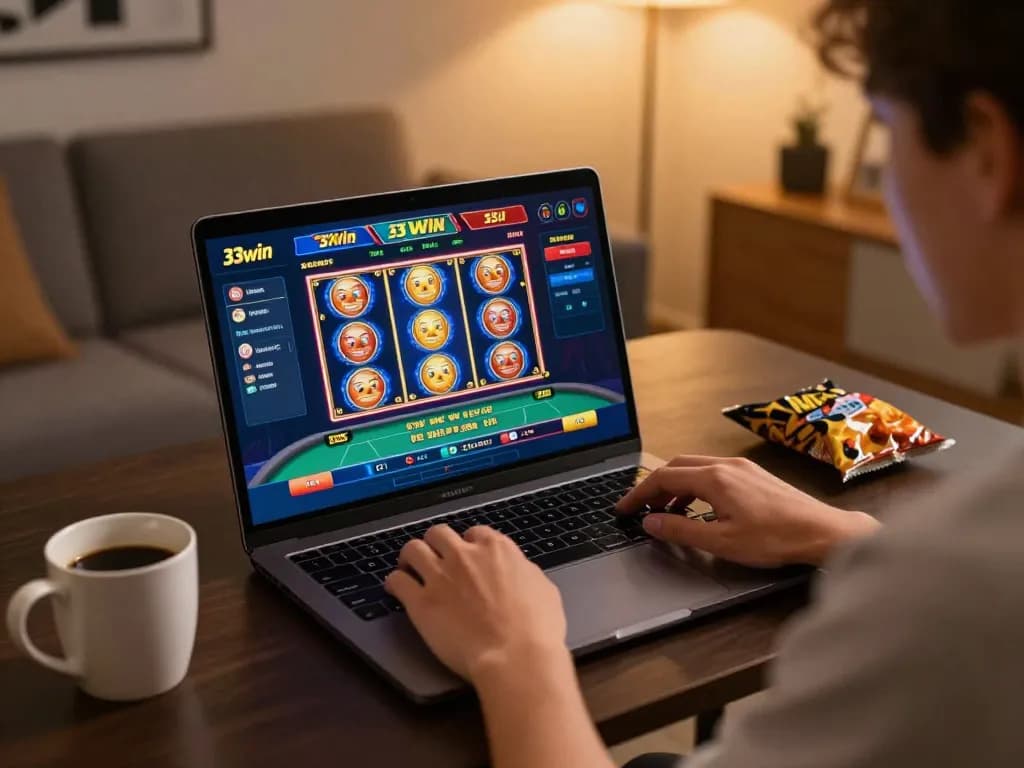 Engaging online gameplay on 33win showcasing vibrant slot games in a cozy home setting.