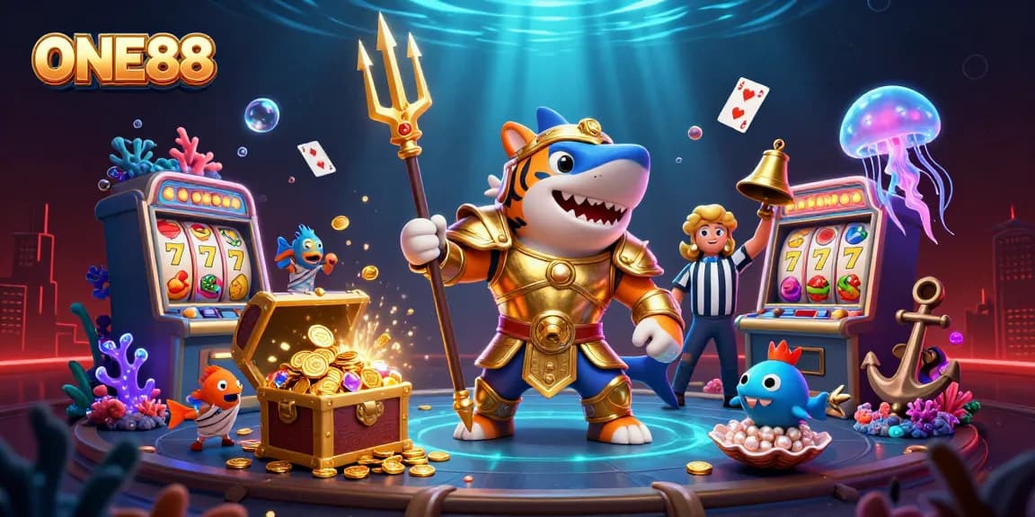 Join the action at ONE88 with a vibrant casino scene featuring a cartoon tiger shark and treasure!