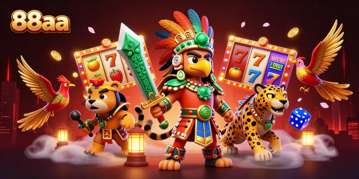 Experience thrilling gameplay with 88aa's vibrant casino scene featuring warriors and slot reels.