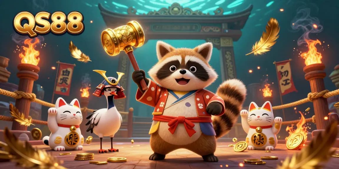 Experience thrilling moments at QS88 casino with cheerful tanuki, samurai crane, and waving fortune cats.