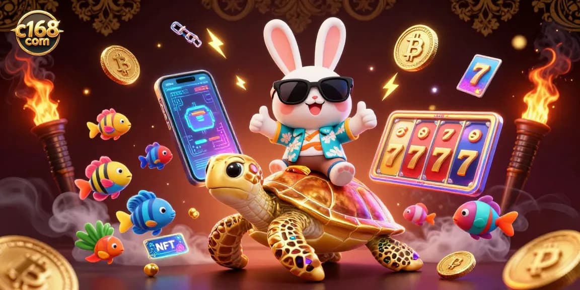Spin to win at c168 com with the lucky rabbit and golden sea turtle amidst vibrant gaming elements.