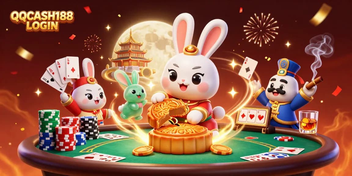 Engage in QQCASH188 LOGIN with this vibrant illustration of a moon rabbit themed casino.