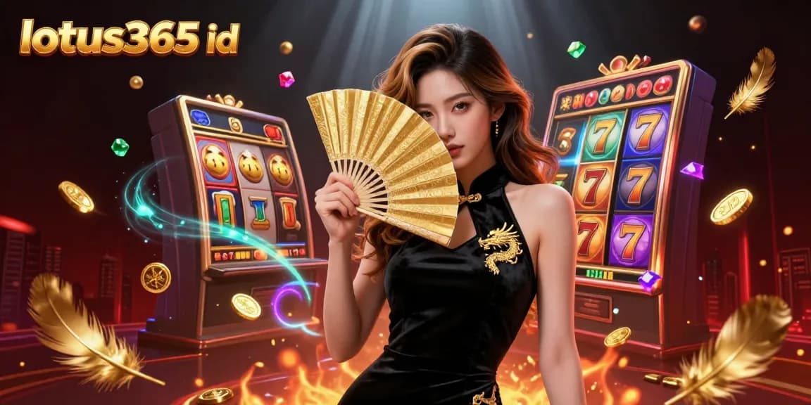Engage with lotus365 id for thrilling slot adventures, featuring a captivating Asian woman and striking game elements.
