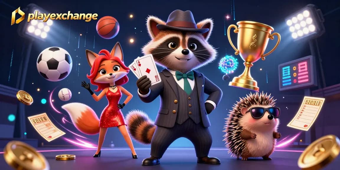 Playexchange offers an exciting 3D illustration of a raccoon, fox, and hedgehog in a vibrant casino scene.