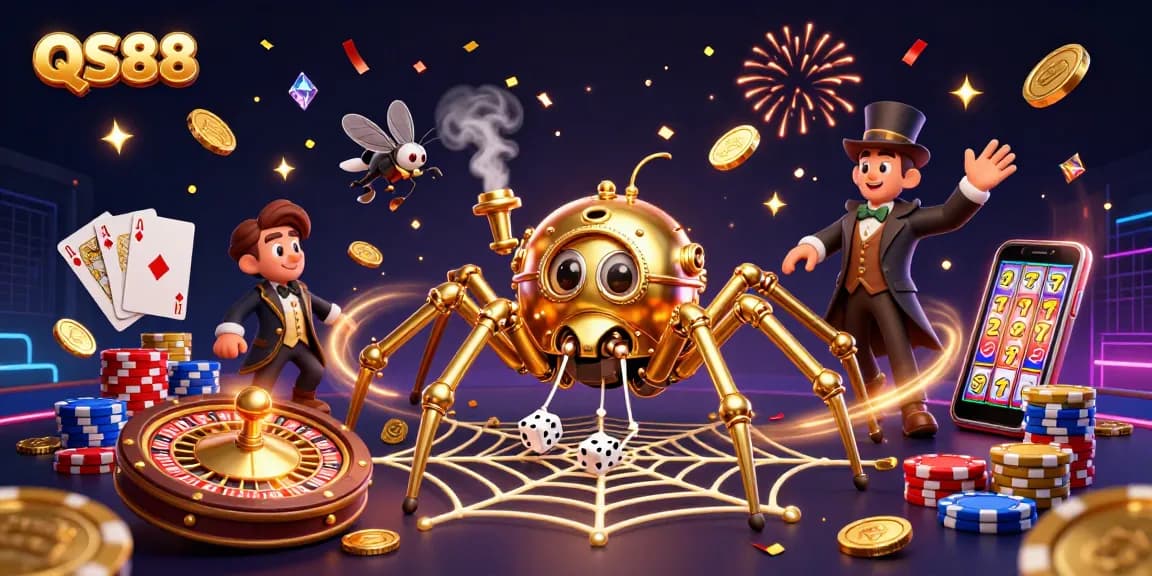 Engage in thrilling gameplay at QS88, featuring a whimsical steampunk spider and vibrant casino elements.