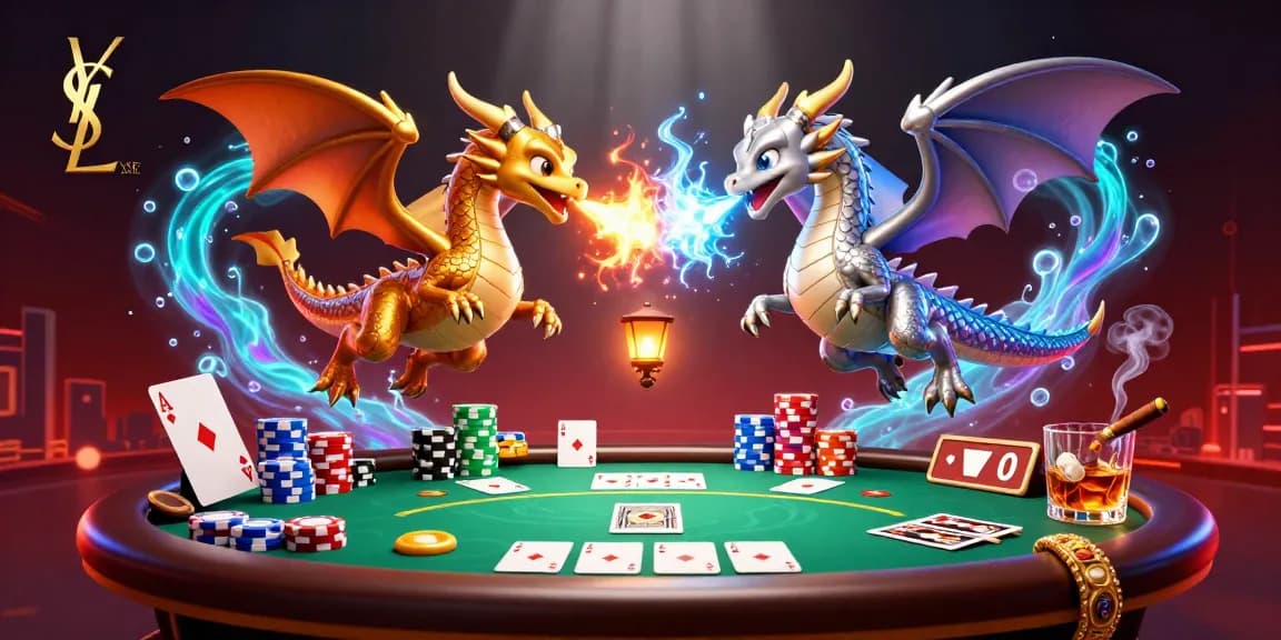 Engage with ysl poker strategies, featuring dynamic dragons amidst chips and cards.