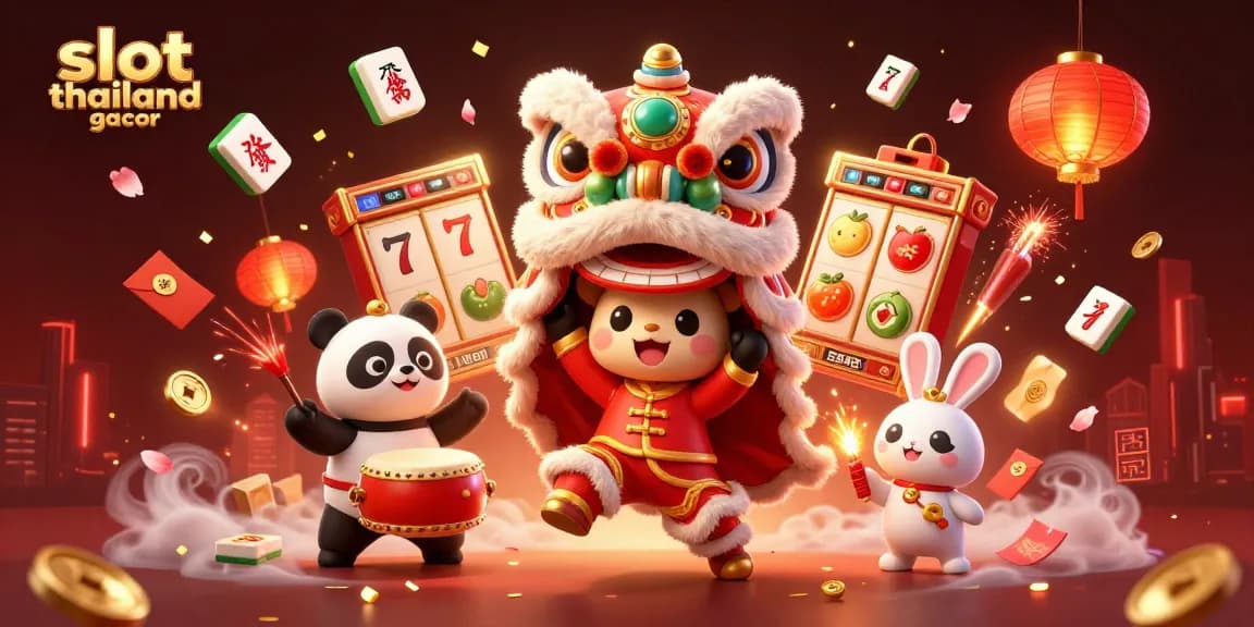 Engage with slot thailand gacor in this vibrant 3D illustration showcasing dynamic symbols and festive elements.