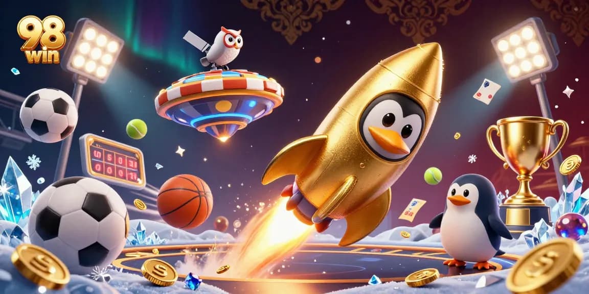 Engage with 98 win's exciting online casino experience featuring a golden penguin and dynamic sports elements.
