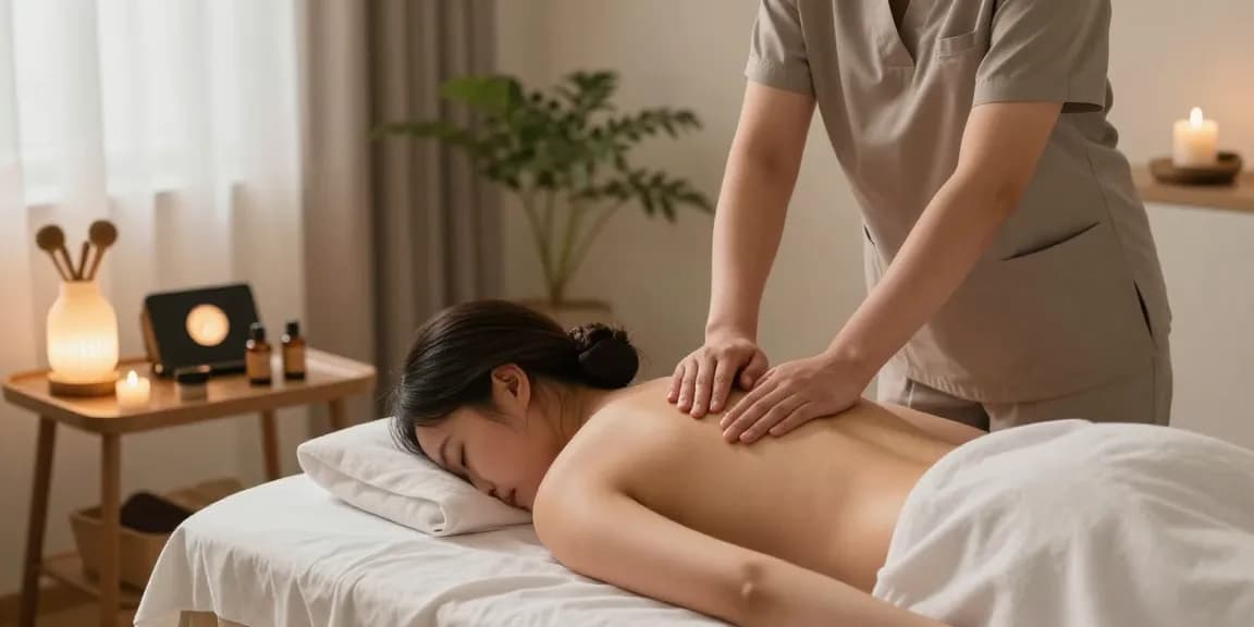 Experience a soothing 부천출장마사지 in a relaxing home ambiance with serene lighting and massage tools.