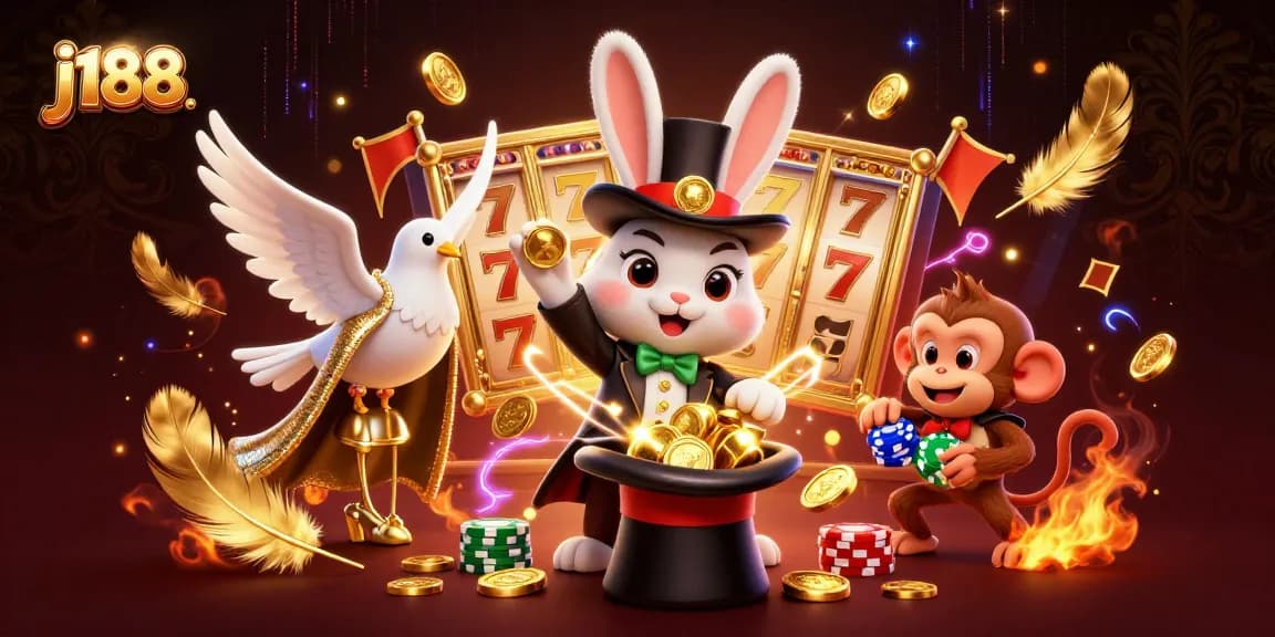 Experience the magic of j188 as a magician rabbit pulls golden coins in an electrifying casino scene.