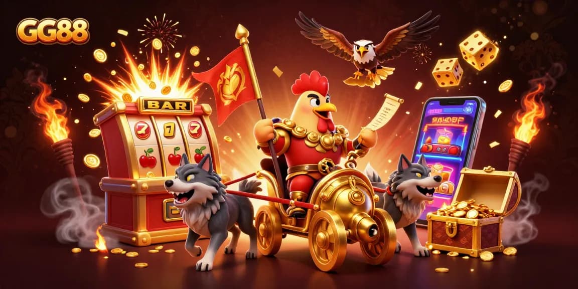 Win big at GG88 with a dynamic scene showcasing a golden war chariot and explosive casino symbols.