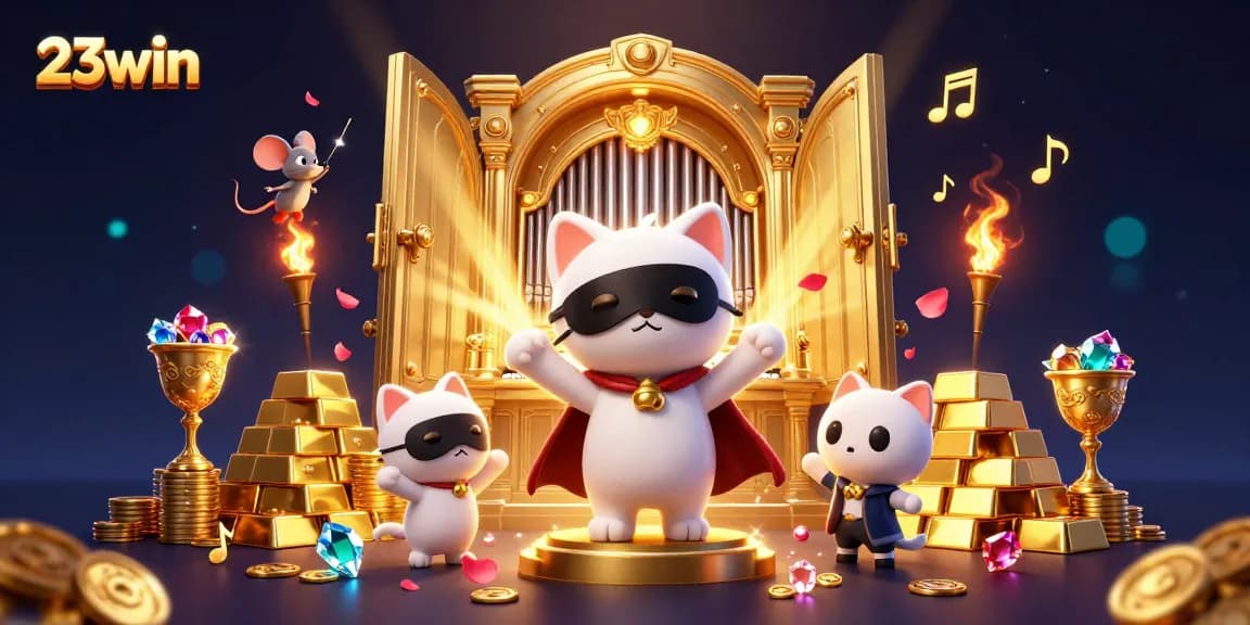 Experience the thrilling world of 23win with a vibrant casino scene featuring captivating characters and golden treasures.