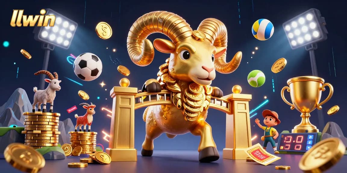 Experience the thrill of winning at llwin, featuring a golden ram charging through a casino with dynamic sports elements.