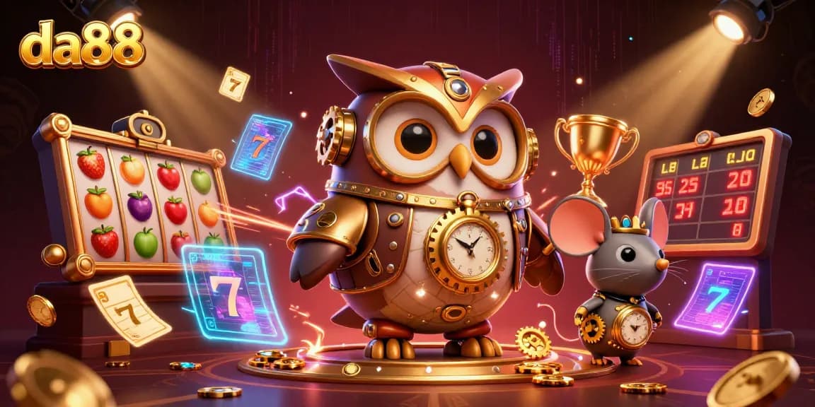 Play slots and win big at da88 with this vibrant 3D casino illustration featuring lucky symbols and exciting elements.