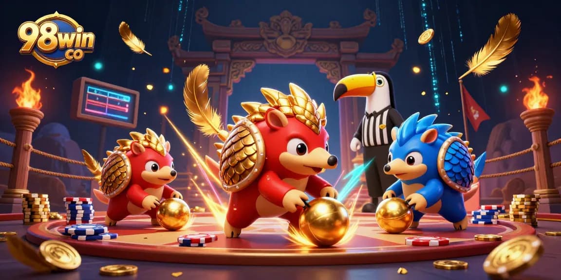 Compete in thrilling games at 98win co with illustrated pangolins rolling poker chips and gold coins.