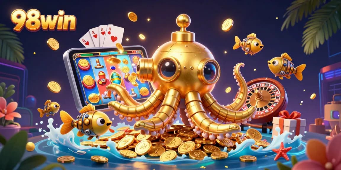 Win big at 98win with vibrant slot games and festive golden coins erupting from a smartphone.