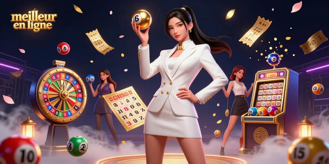 Découvrez l'excitation au meilleur casino en ligne avec une illustration dynamique en 3D mettant en avant des éléments de loterie vibrants.