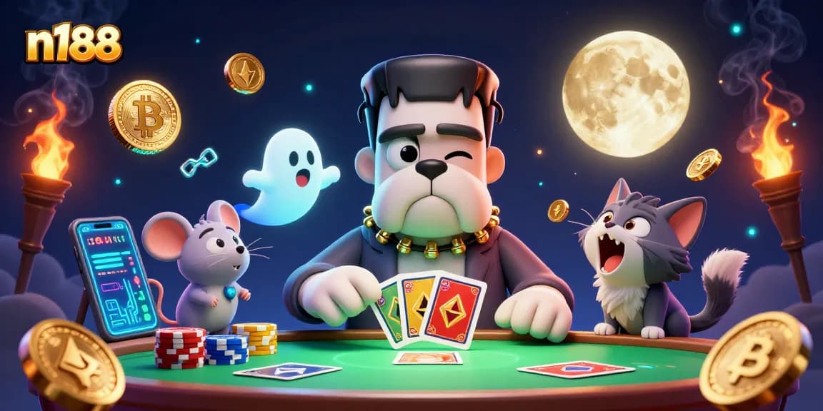 n188 showcases a Frankenstein bulldog dealer at a green-lit casino table, enhancing your gaming experience.