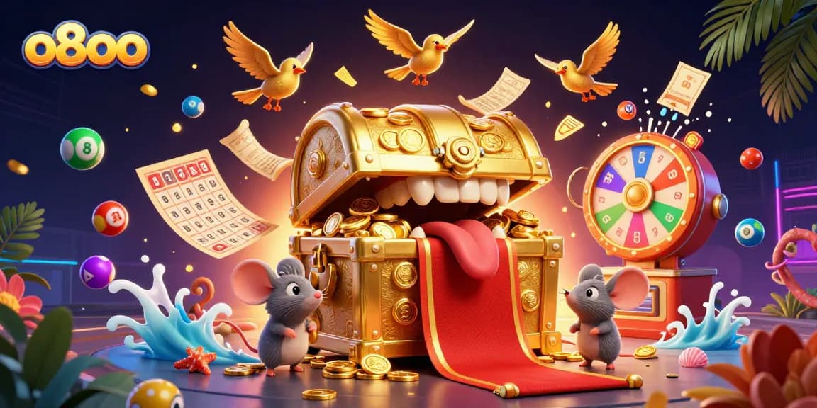 Engage in thrilling action with o8oo's vibrant lottery scene, featuring dynamic lottery balls and a treasure chest.