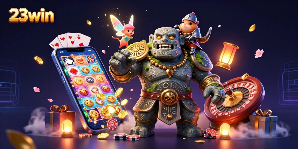 Engaging illustration of 23win's gaming fantasy with a golem, fairy, and knight showcasing fun and excitement in casino experiences.
