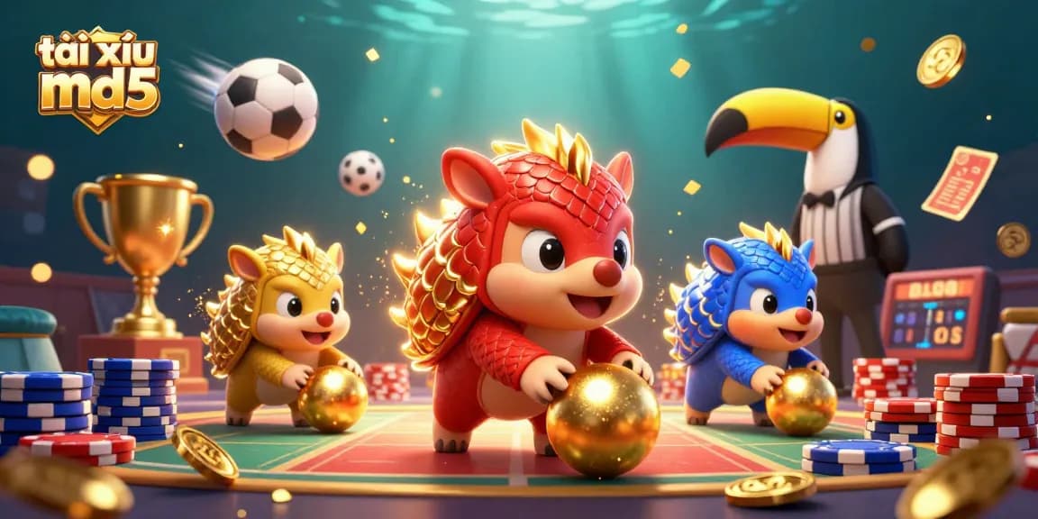 Experience thrilling gameplay with tài xỉu md5, featuring animated pangolins and sparkling casino elements.