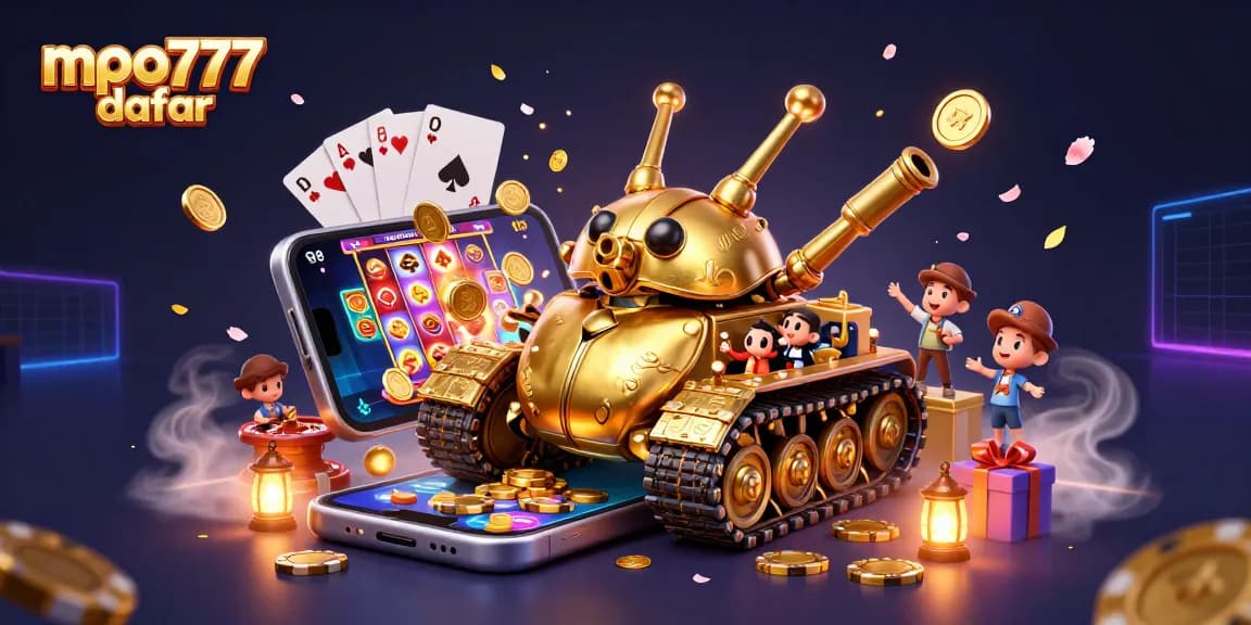 Engaging scene featuring mpo777 daftar with a golden beetle tank, casino displays, and slot games.
