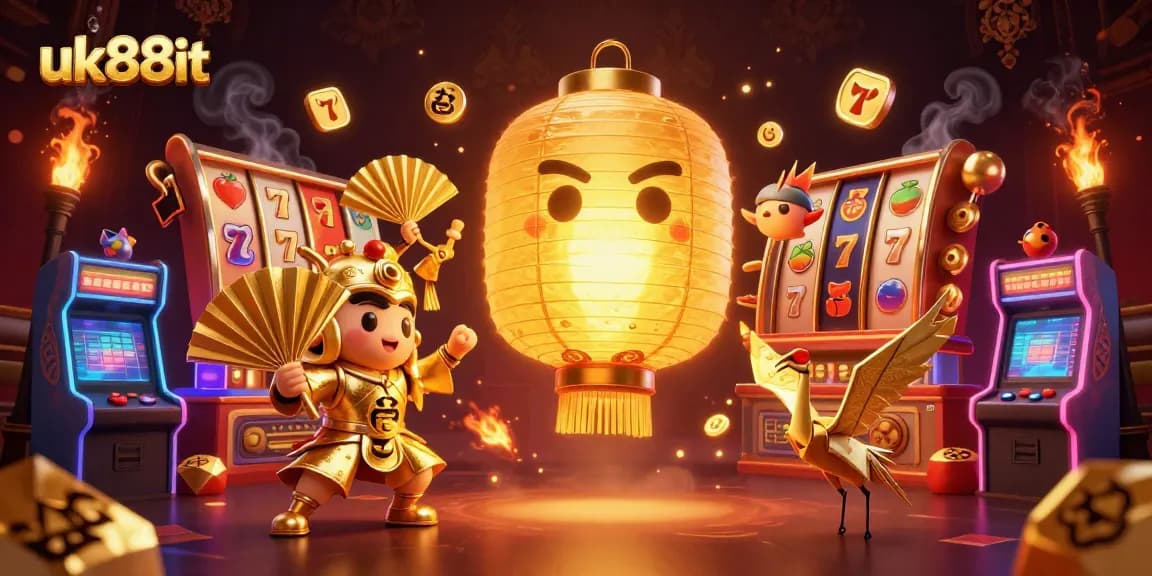 Experience thrilling games on uk88it with glowing slot reels and a magical lantern spirit.