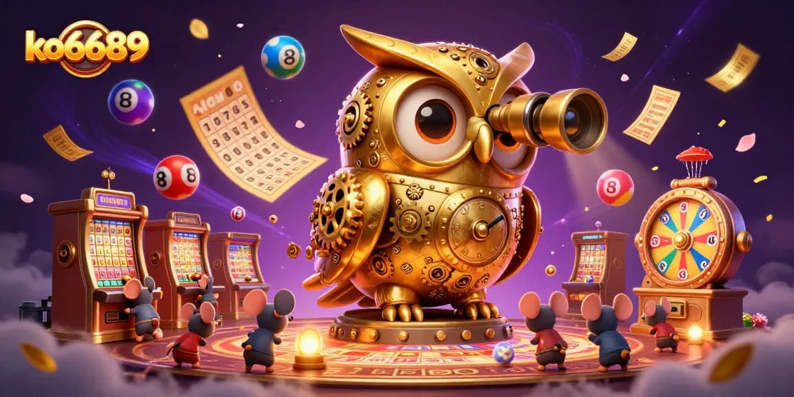Explore the vibrant casino scene featuring ko6689 with a golden owl and dynamic gaming elements.