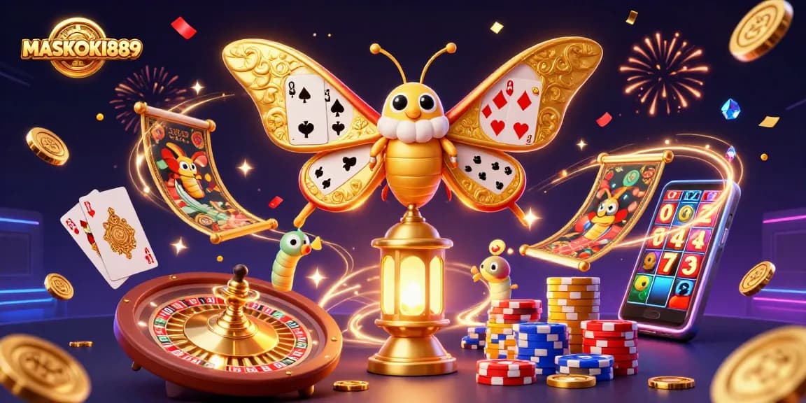 Experience the thrill of winning with MASKOKI889's animated casino scene featuring vibrant games and rewards.