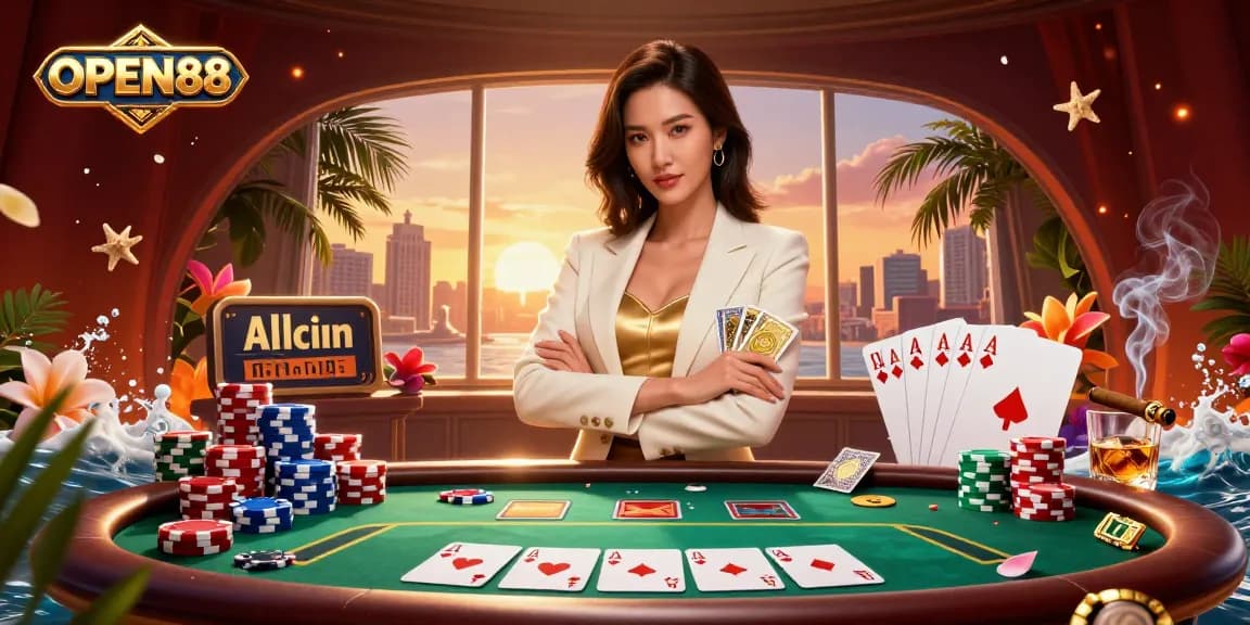 Experience the excitement of OPEN88 with a powerful businesswoman showcasing her golden deck of cards amidst vibrant casino elements.