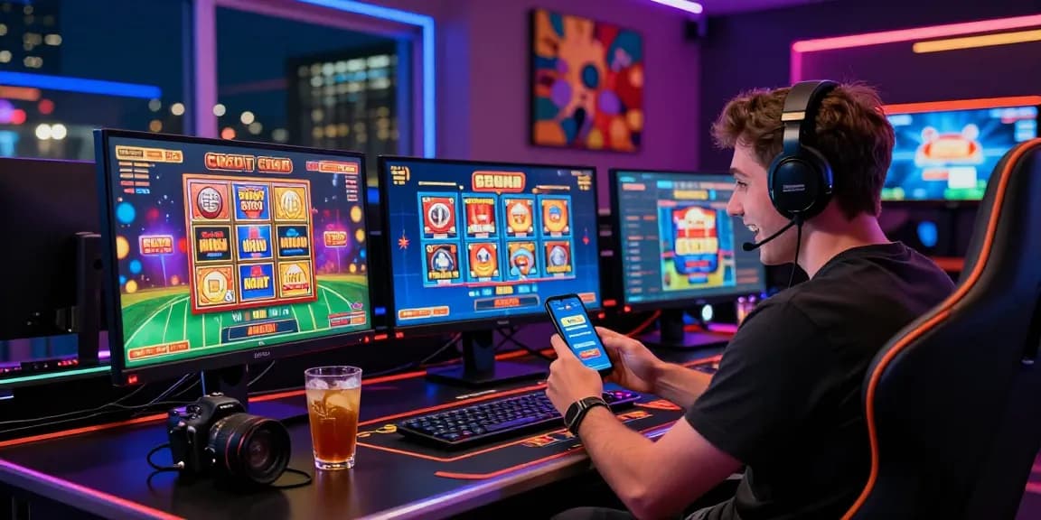 UK player enjoying credit card casinos with gaming setup and vibrant atmosphere.